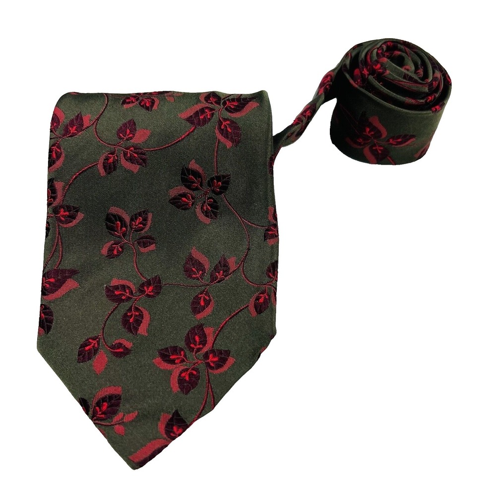 Romeo Gigli Greenish Gray w/ Red Floral Print Embroidered Silk Tie Mens 3.5"W 56